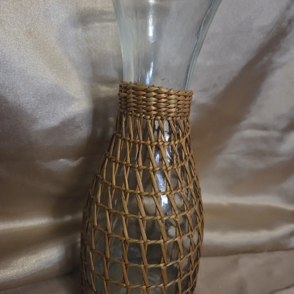 Vintage Boho Rattan Wicker Wrapped Glass Carafe Vase 10